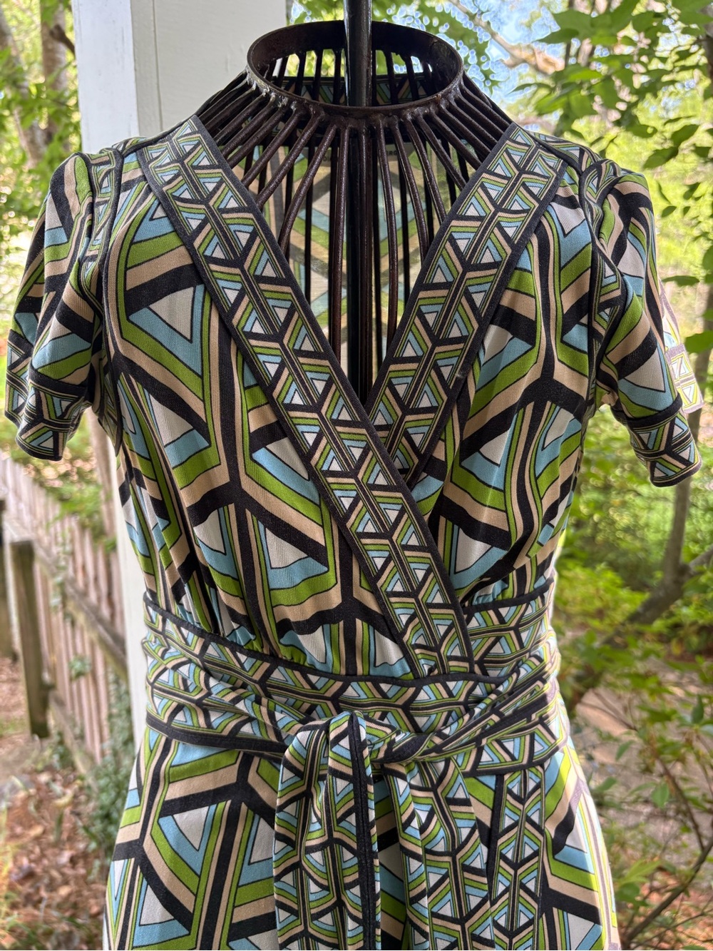 Vintage Silk Geometric Wrap Midi Dress in Green and Blue